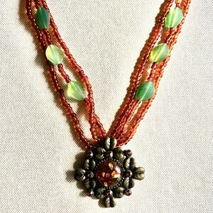 Boho Amber Tone Multi-Strand Beaded Statement Necklace Floral Pendant
